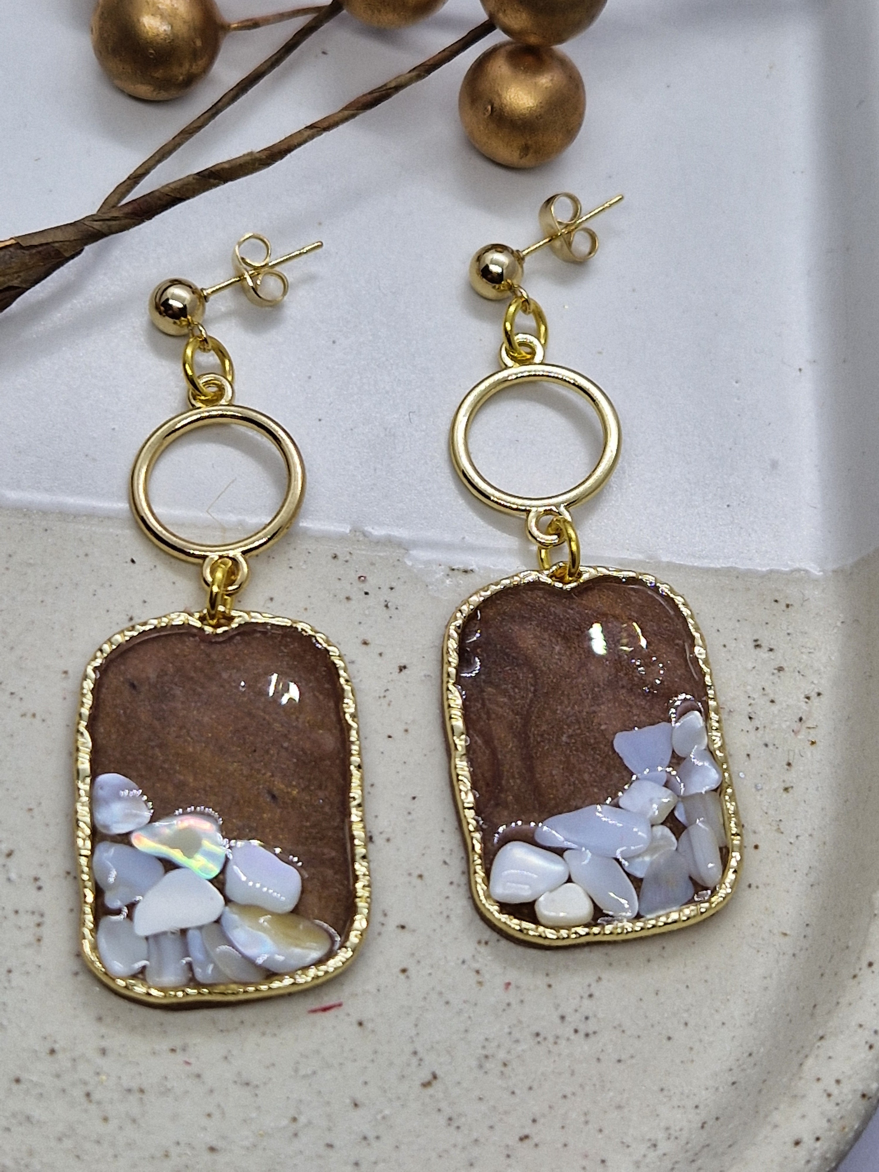 Oorbellen Dames || 'Stone' || Taupe Goud