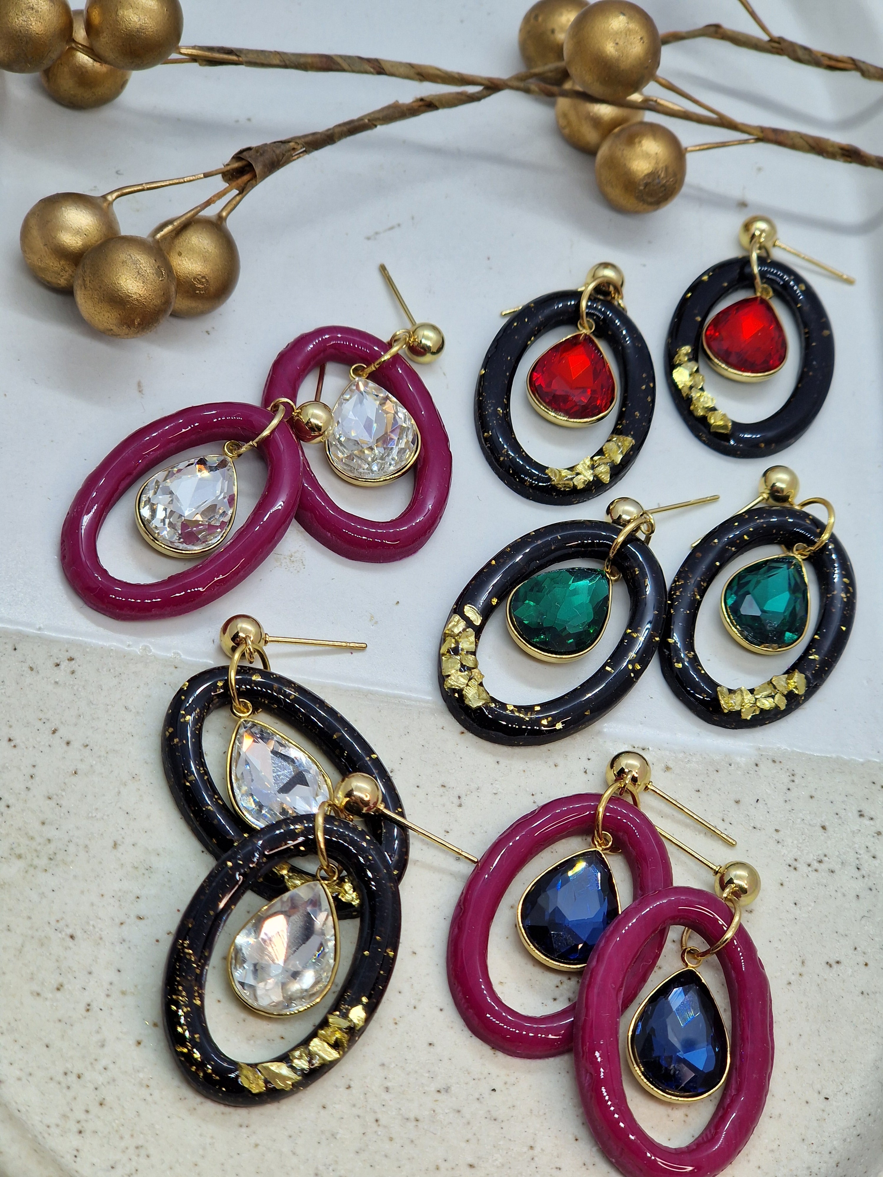 Oorbellen Dames || 'Bordeaux' || Ovals Bordeaux Wit