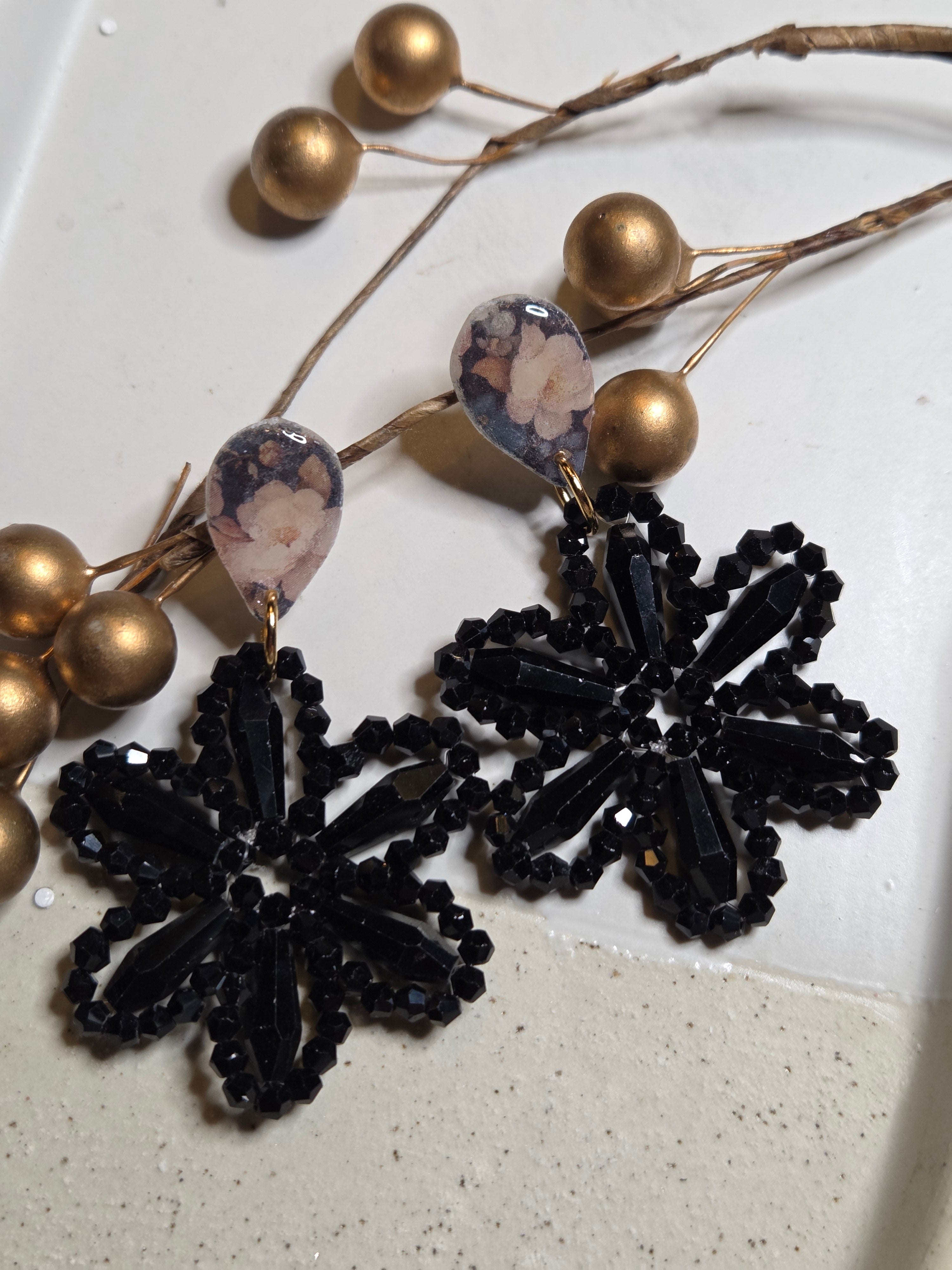 Oorbellen Dames || 'Fiore' || Zwart Goud