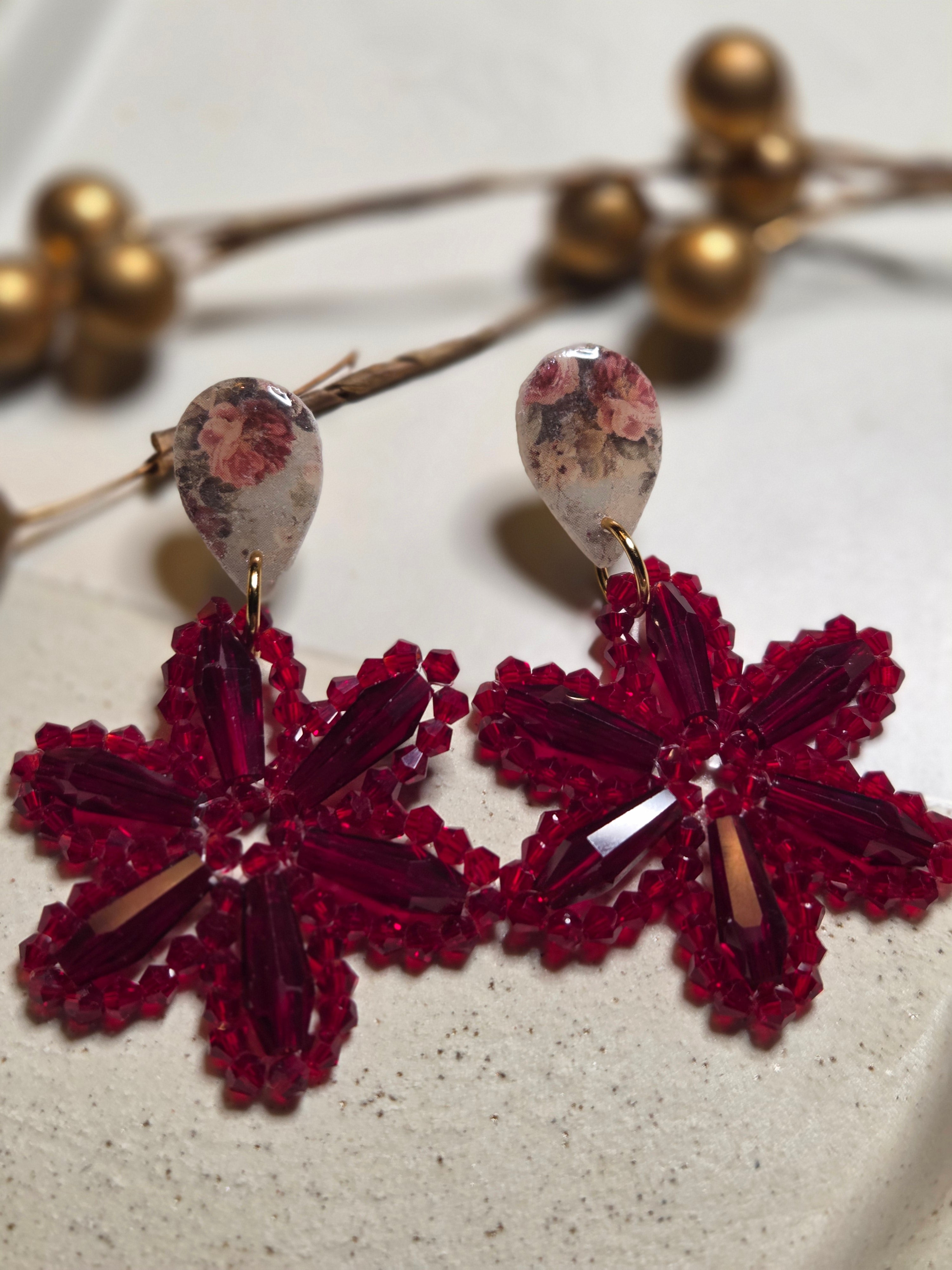 Oorbellen Dames || 'Fiore' || Burgundy Goud